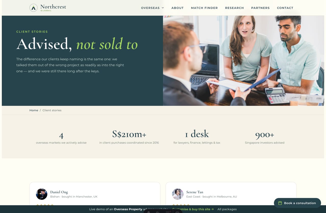 Client stories page on the overseas property advisory website demo