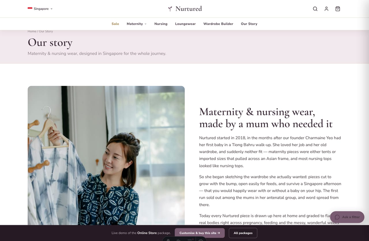 About and brand-story page for a Singapore maternity label founded by a mum in Tiong Bahru