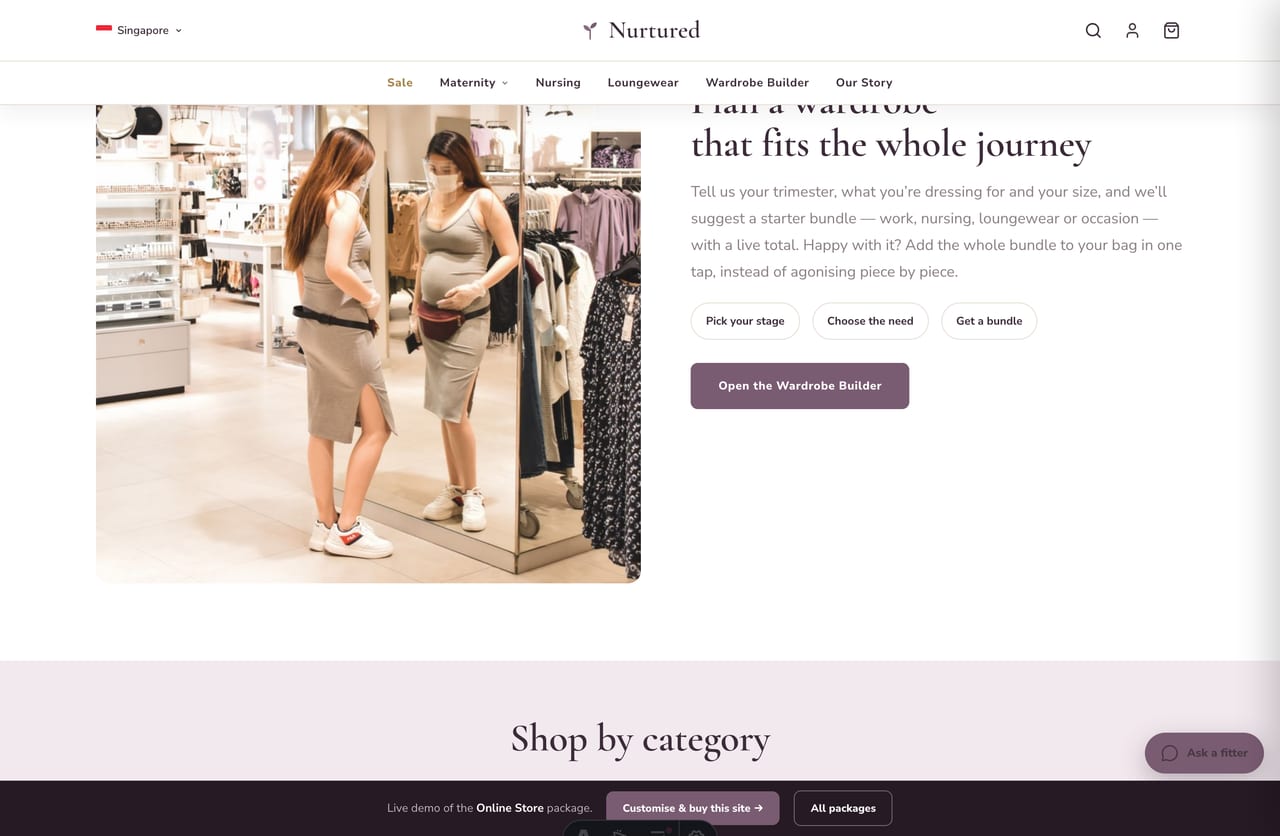 Shop-by-category tiles for a Singapore maternity store — dresses, tops, nursing, bras and loungewear