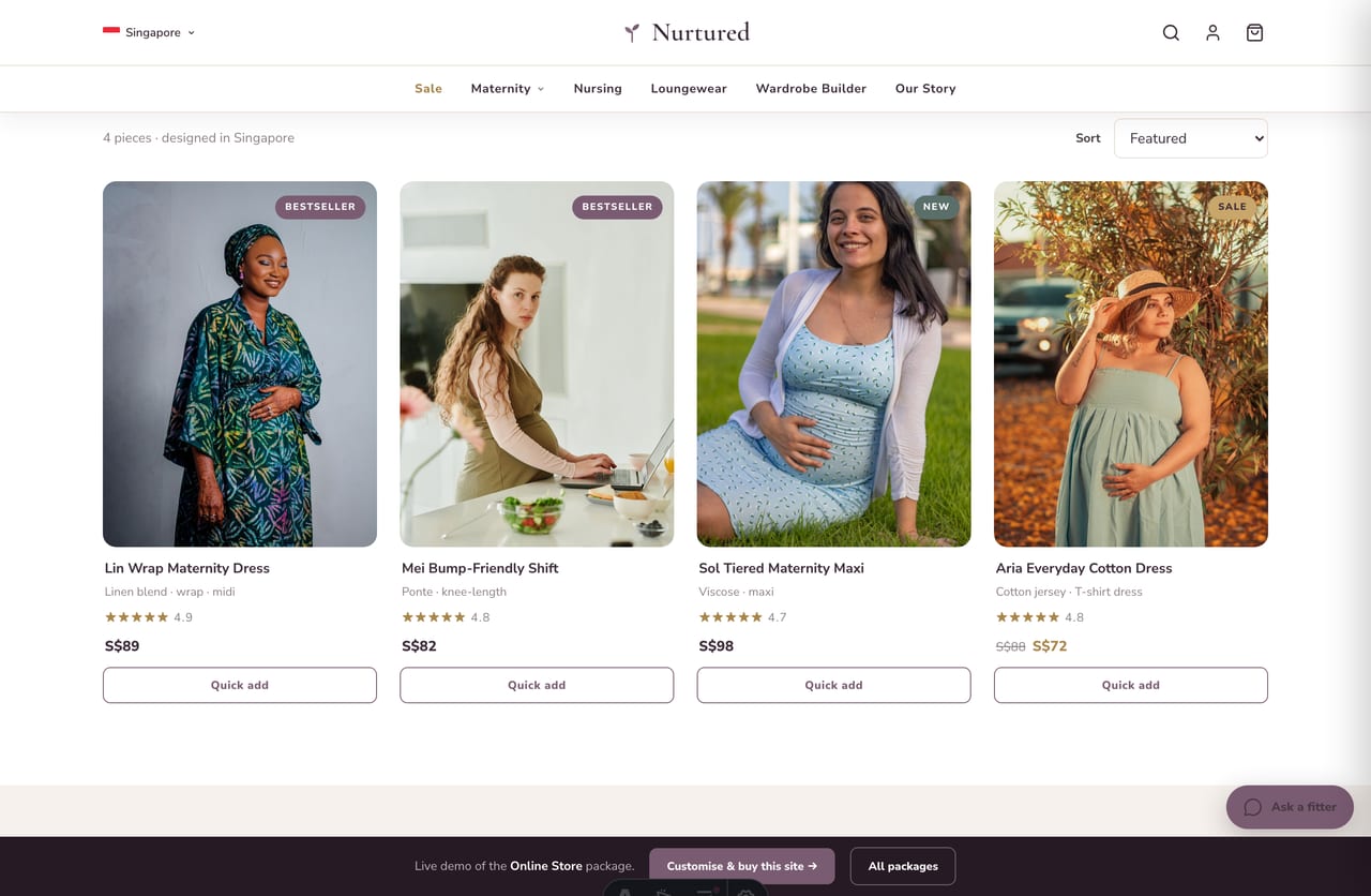 Maternity dresses collection page with sort on the Nurtured store demo