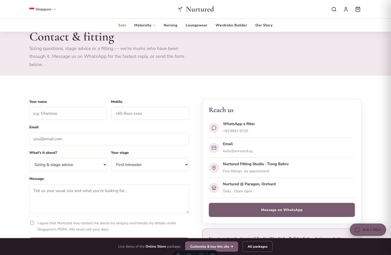 Contact, fitting-booking and WhatsApp page on the Nurtured maternity store demo