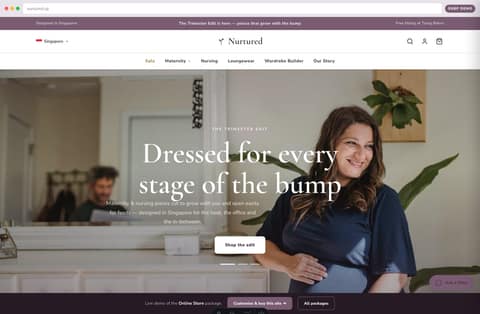 Nurtured maternity & nursing wear online store homepage demo — slideshow hero, made-in-Singapore promise and islandwide-delivery bar