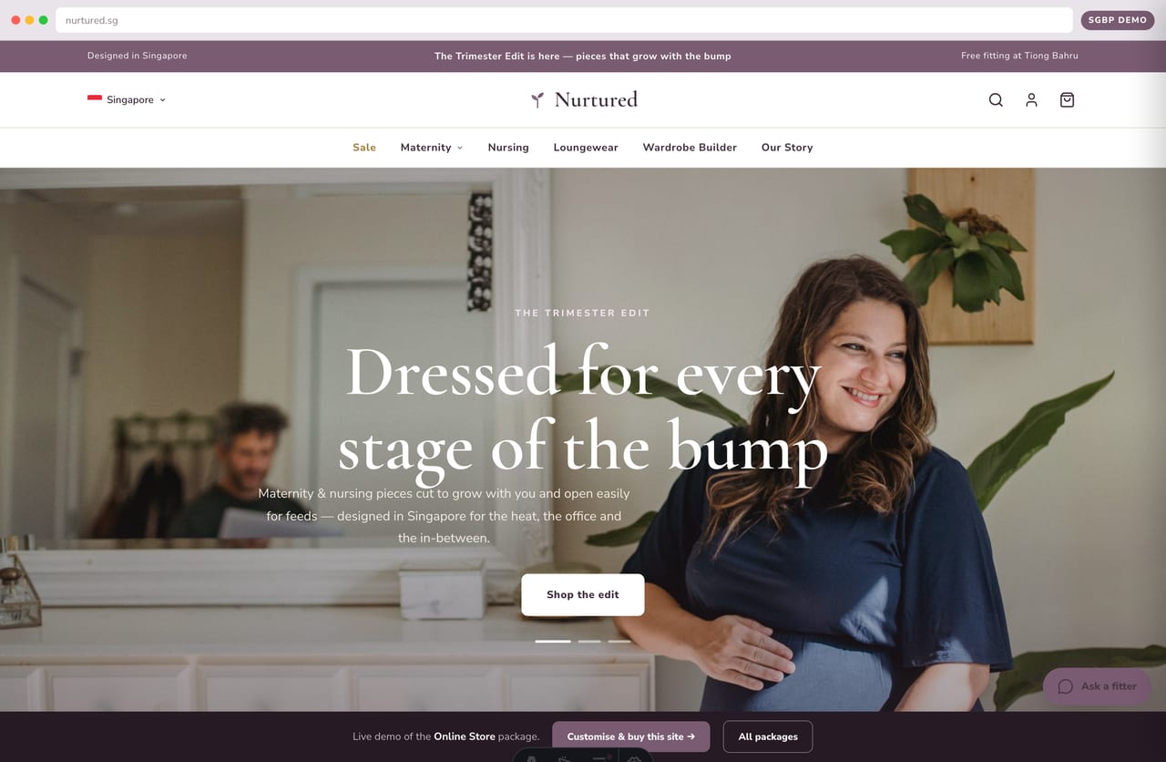 Nurtured maternity & nursing wear online store homepage demo — slideshow hero, made-in-Singapore promise and islandwide-delivery bar