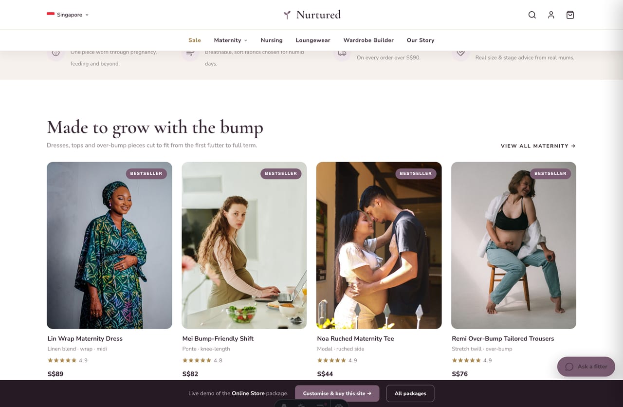 Maternity carousel on the Nurtured store — bump-friendly dresses, tops and over-bump bottoms