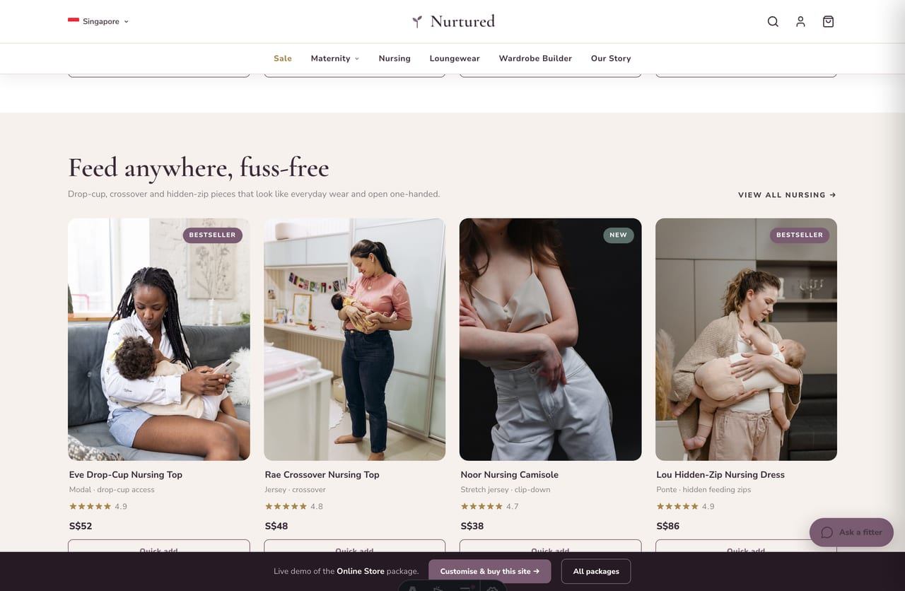 Nursing wear carousel on the Nurtured maternity store — drop-cup tops and hidden-zip dresses