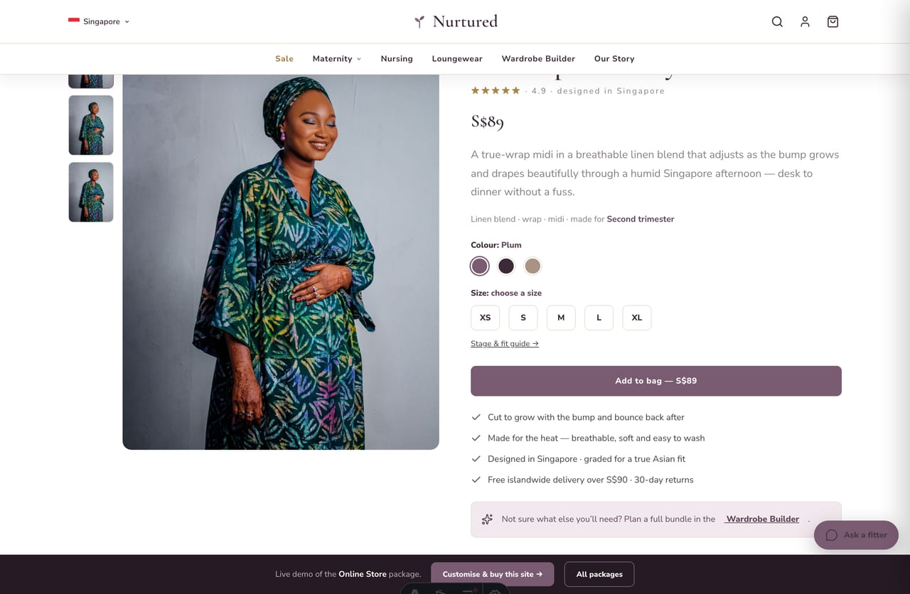 Maternity dress product page with thumbnails, colour swatches, size selector and add-to-cart