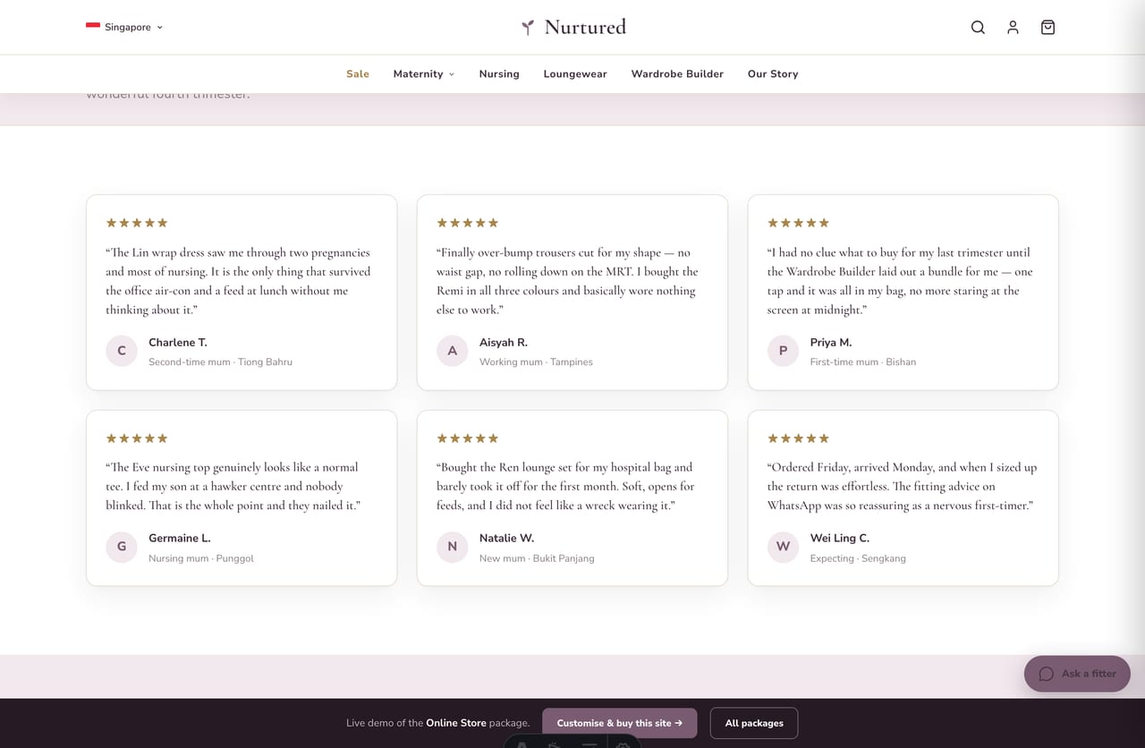 Singapore mum reviews and star ratings on the Nurtured maternity brand website