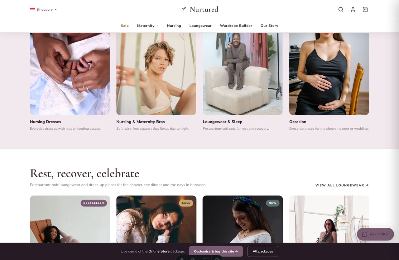 Made-to-last, handed-down and kinder-production values band on a maternity brand homepage