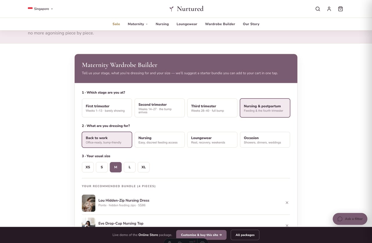 Interactive Maternity Wardrobe Builder on the Nurtured Singapore store — stage, need and size to a bundle