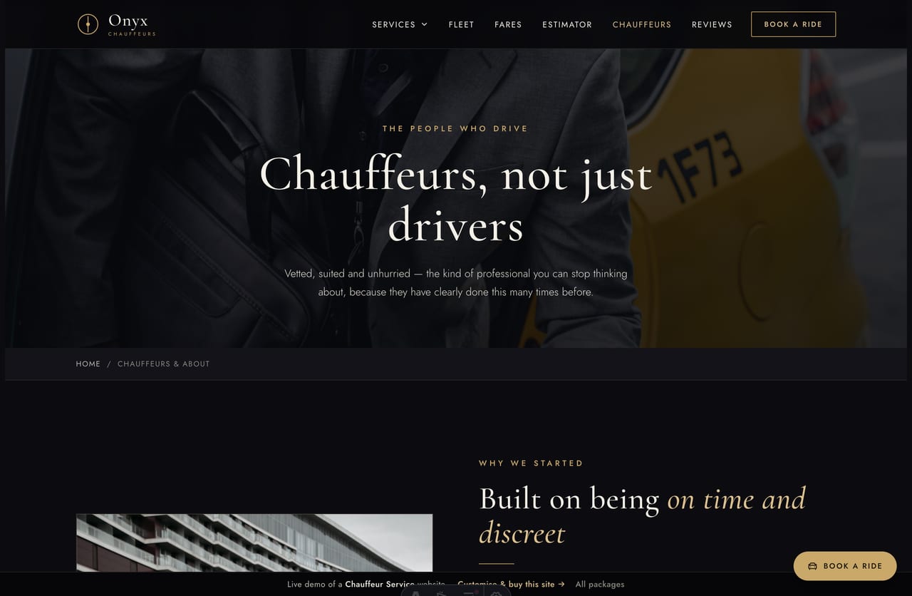 The chauffeurs & about page on the Onyx demo — founder story, stats and chauffeur profiles with photos and roles