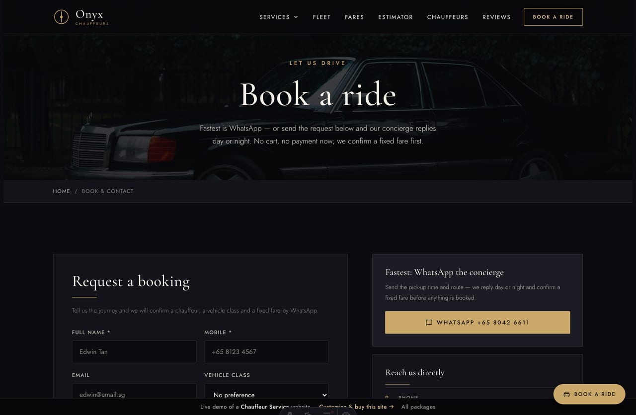 Book-a-ride page on the Onyx demo — a PDPA-aware booking-request form with journey, vehicle class and time, plus an FAQ
