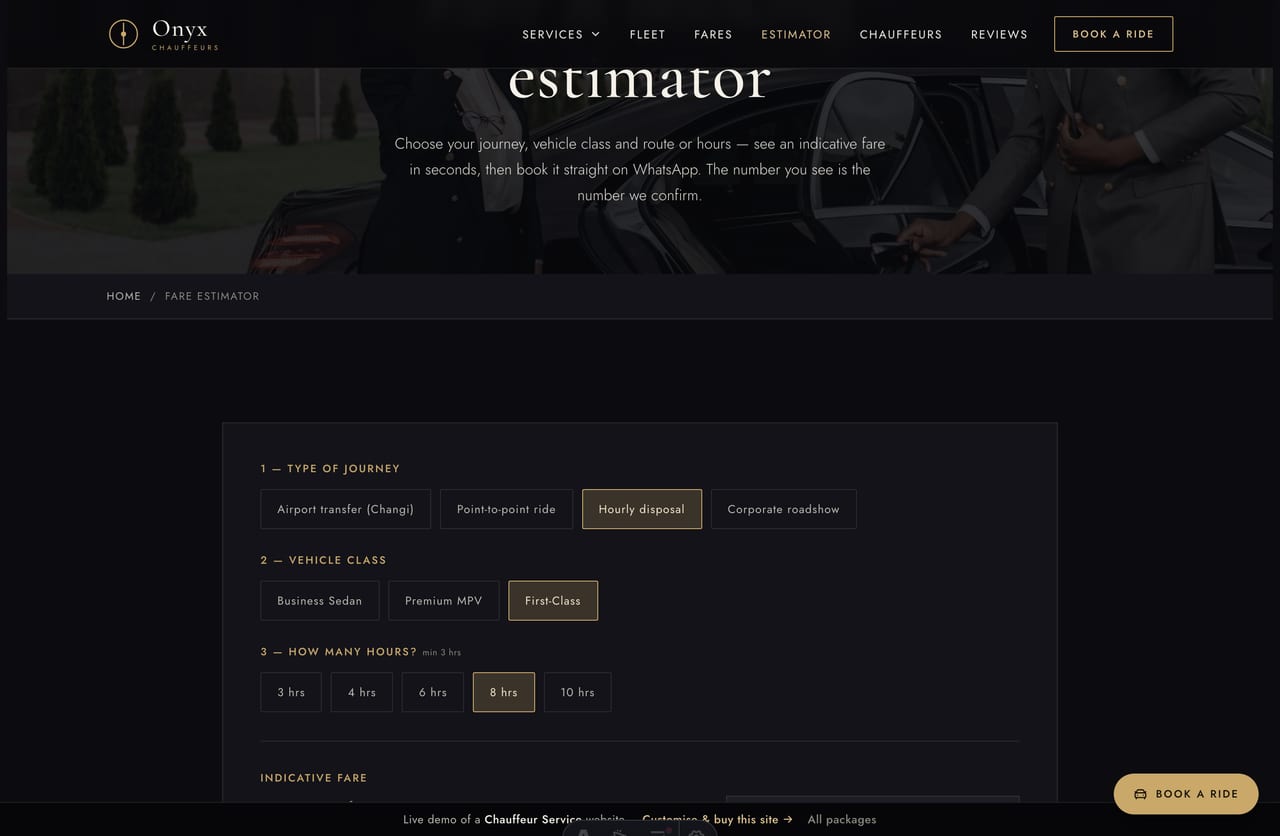 Fare & Booking Estimator result on a Singapore chauffeur site — an indicative fare in SGD with what is included and a book CTA