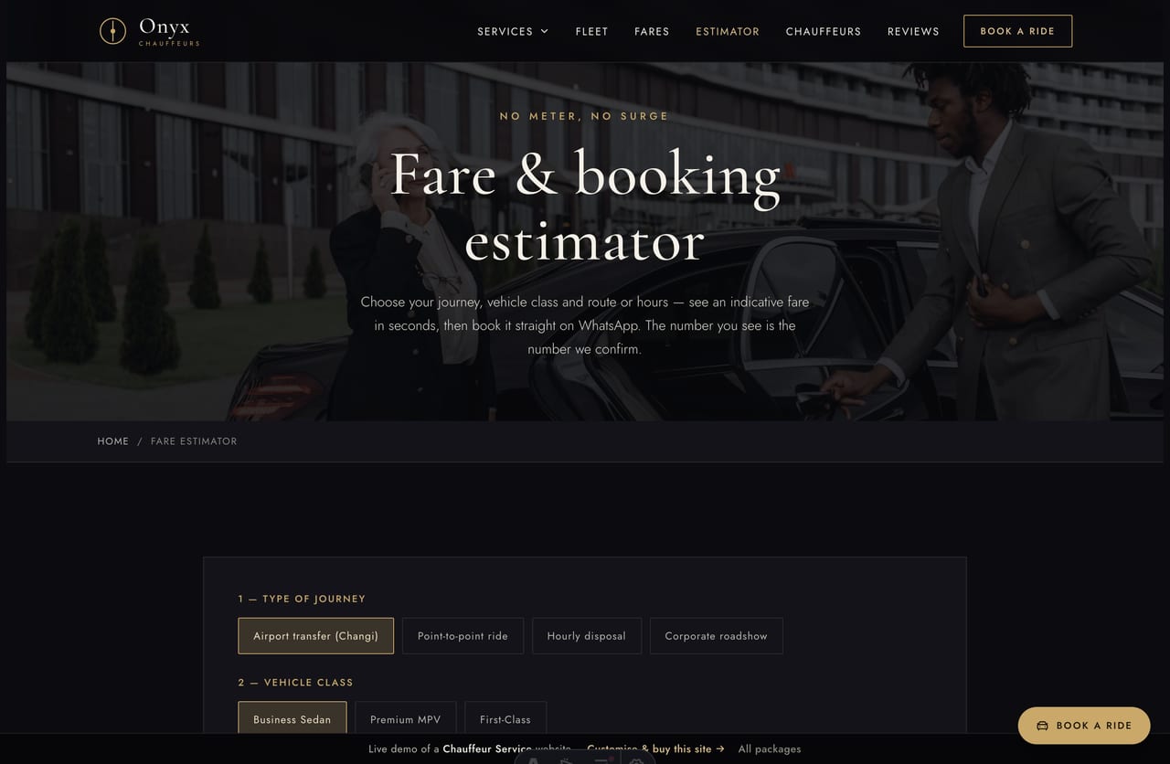 The interactive Fare & Booking Estimator on the Onyx demo — pick a journey, vehicle class and route or hours to see an indicative SGD fare