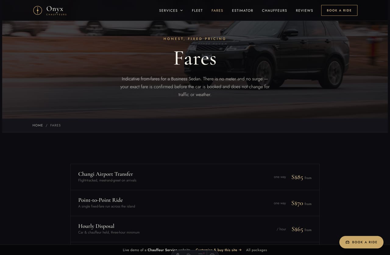 Fares page on the Onyx demo — a reference-style indicative fare list with vehicle-class multipliers