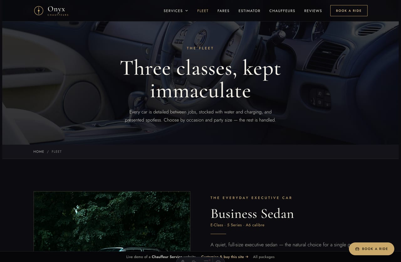 The fleet page on the Onyx demo — business sedan, premium MPV and first-class vehicle classes as alternating photo + detail bands