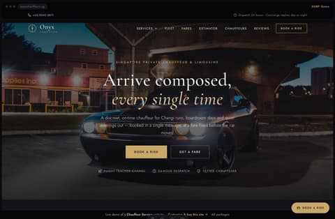 Onyx chauffeur-service Singapore website homepage demo — a dark-luxe charcoal and champagne-gold site with a full-bleed sedan hero, service tiles and a fleet section