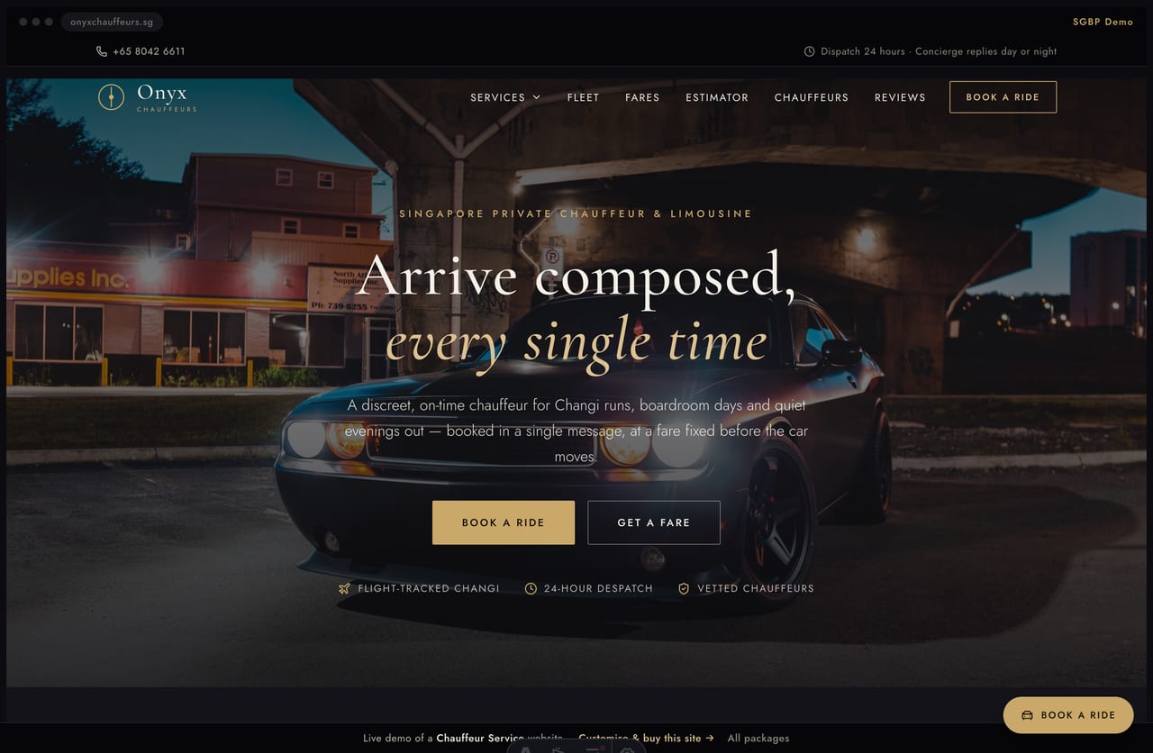 Onyx chauffeur-service Singapore website homepage demo — a dark-luxe charcoal and champagne-gold site with a full-bleed sedan hero, service tiles and a fleet section