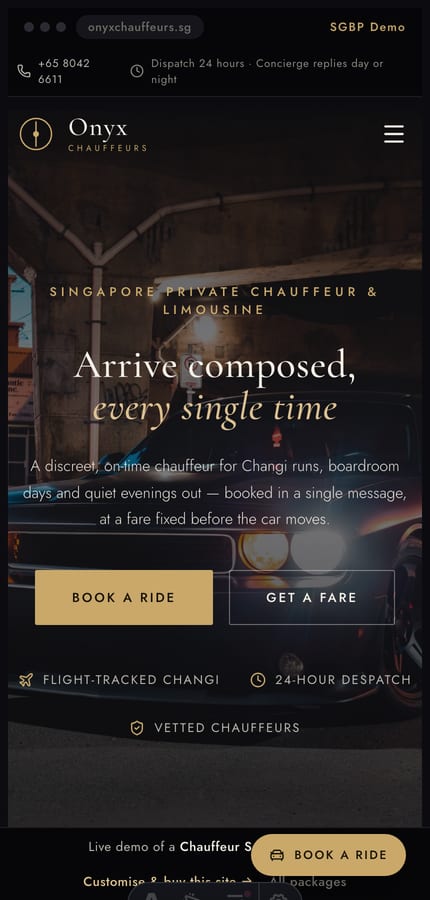 The Onyx chauffeur website on mobile — the full-bleed sedan hero and book CTA at 430px