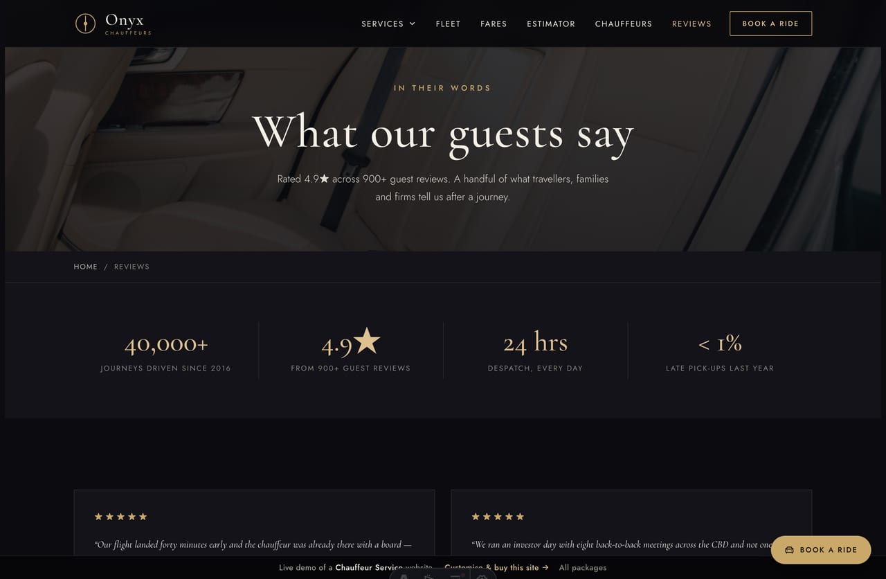 Reviews page on the Onyx demo — guest reviews in serif quote cards with a trust-stat strip