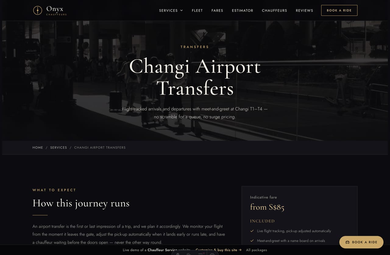A service detail page on the Onyx demo — a full-bleed dark photo banner and a sticky fare-and-inclusions sidebar article