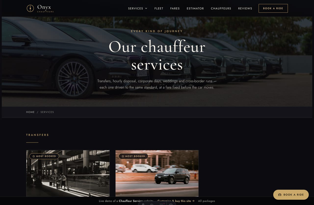Services page on the Onyx demo — airport transfers, hourly disposal, point-to-point, corporate, weddings and cross-border as dark photo cards