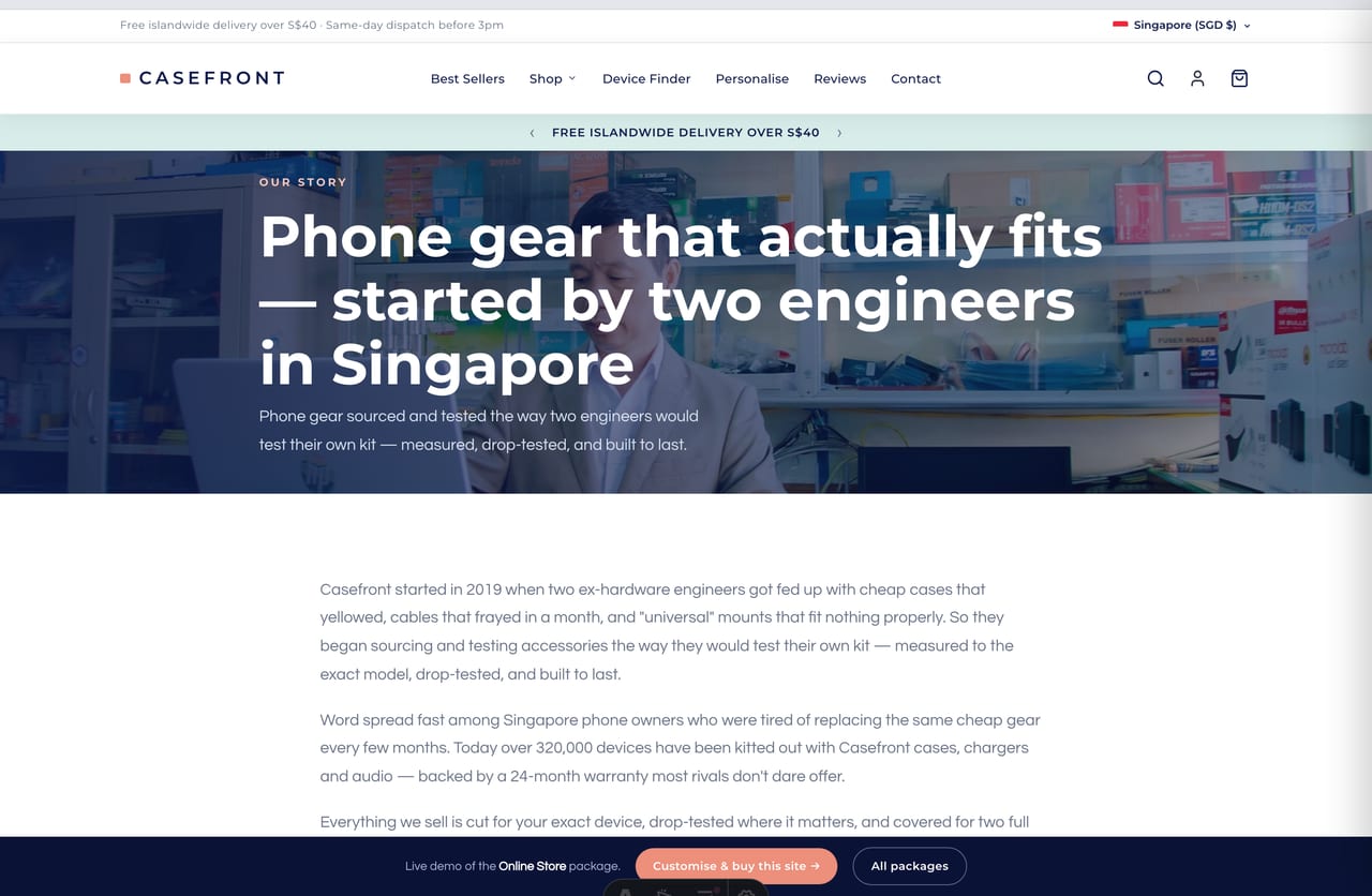 About and brand-story page for a Singapore phone accessories brand started by two engineers