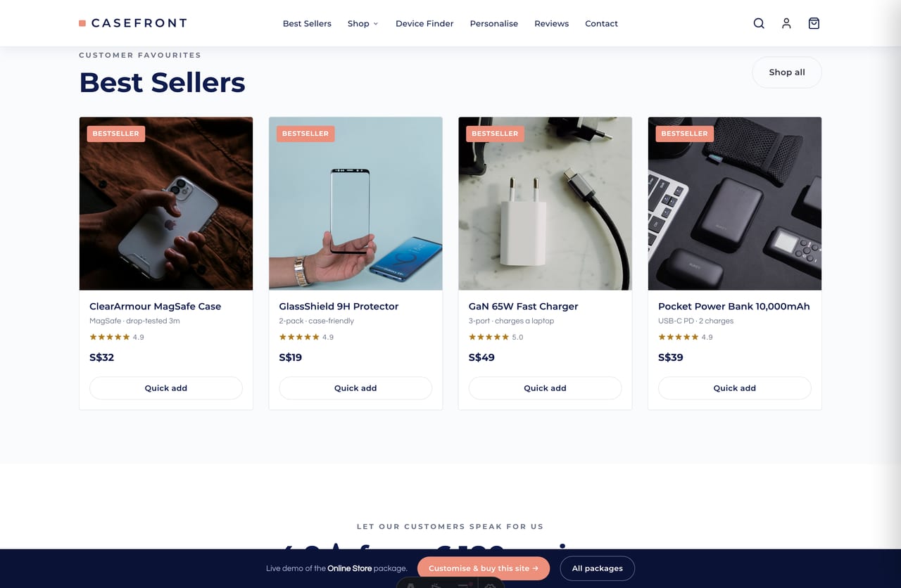 Bestseller phone accessories carousel on the Casefront device accessories store