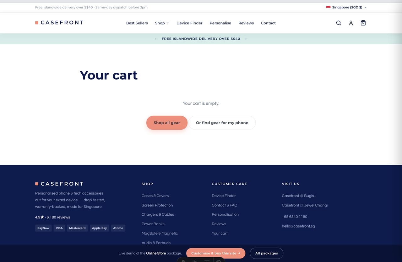 Slide-out cart drawer with a free-islandwide-delivery progress bar on the Singapore accessories store