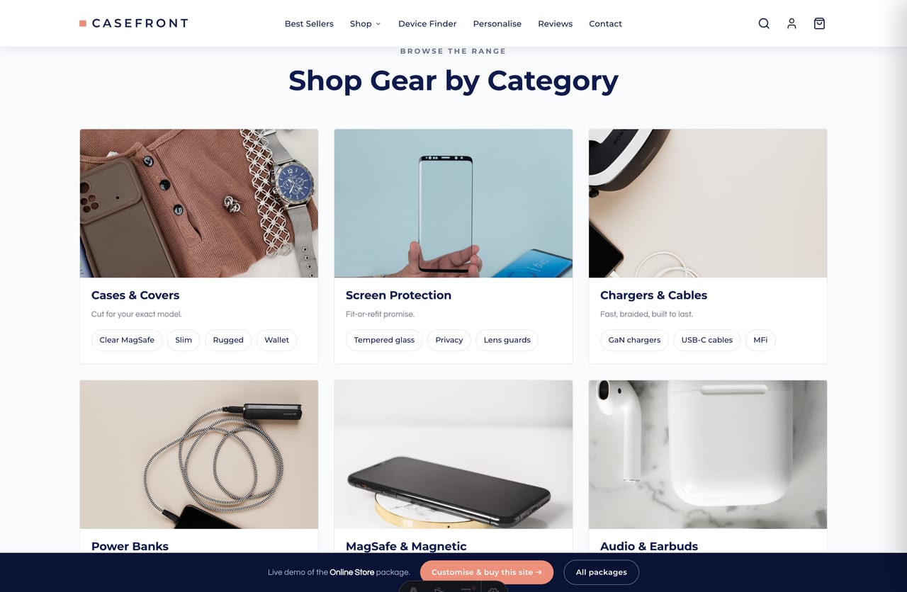 Shop-by-category tiles for a Singapore phone accessories store — cases, screen protection, charging, power banks, MagSafe, audio and stands