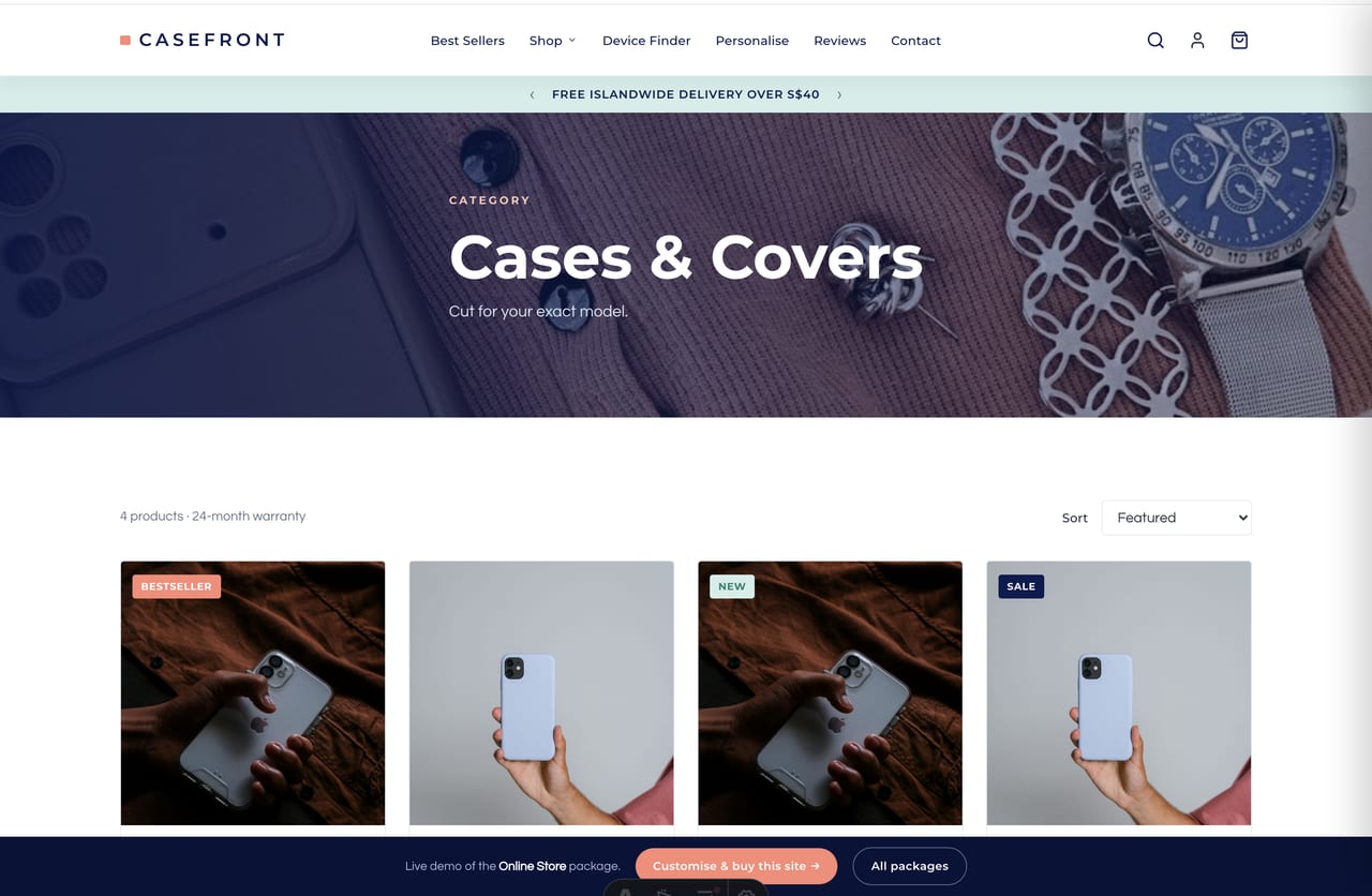 Cases & covers collection page with sorting on the Singapore phone accessories store demo