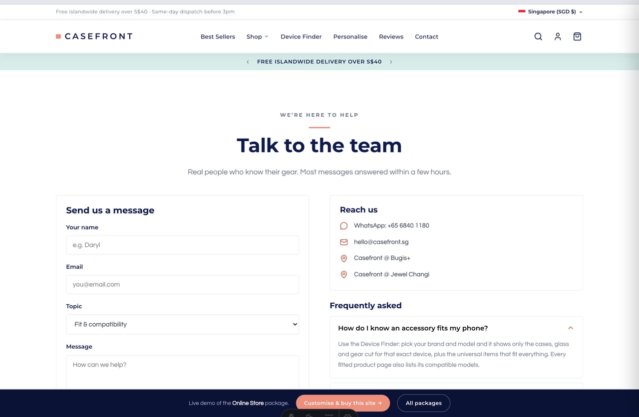 Contact, store-location and WhatsApp page on the Casefront accessories store demo