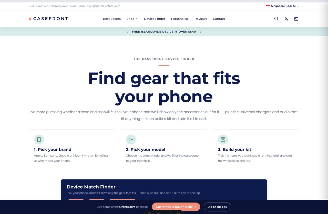Interactive Device Finder compatibility tool on the Casefront Singapore phone accessories store