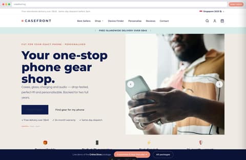 Casefront phone & device accessories online store homepage demo — bold hero, perfect-fit and warranty promise (Singapore)