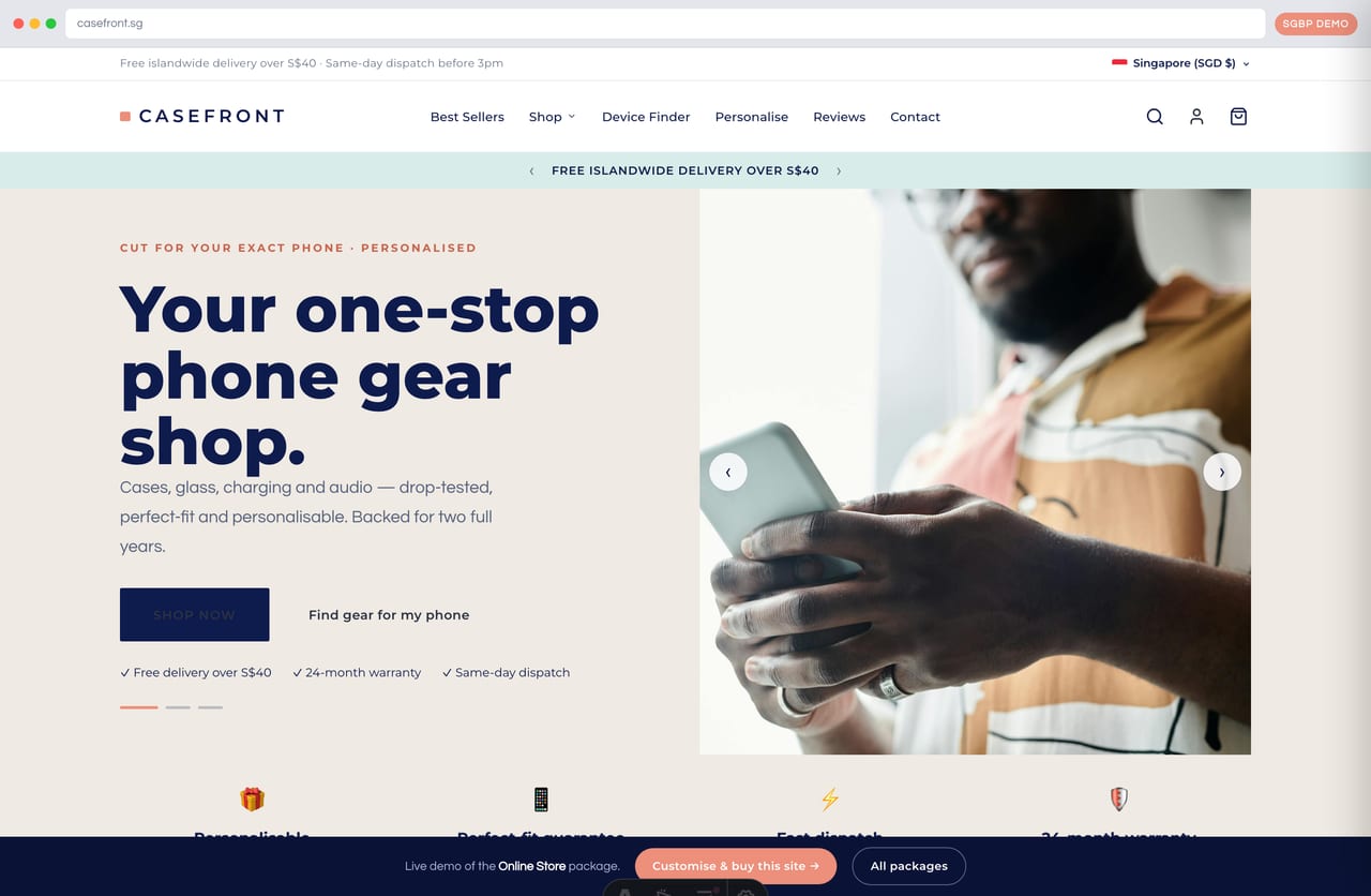 Casefront phone & device accessories online store homepage demo — bold hero, perfect-fit and warranty promise (Singapore)