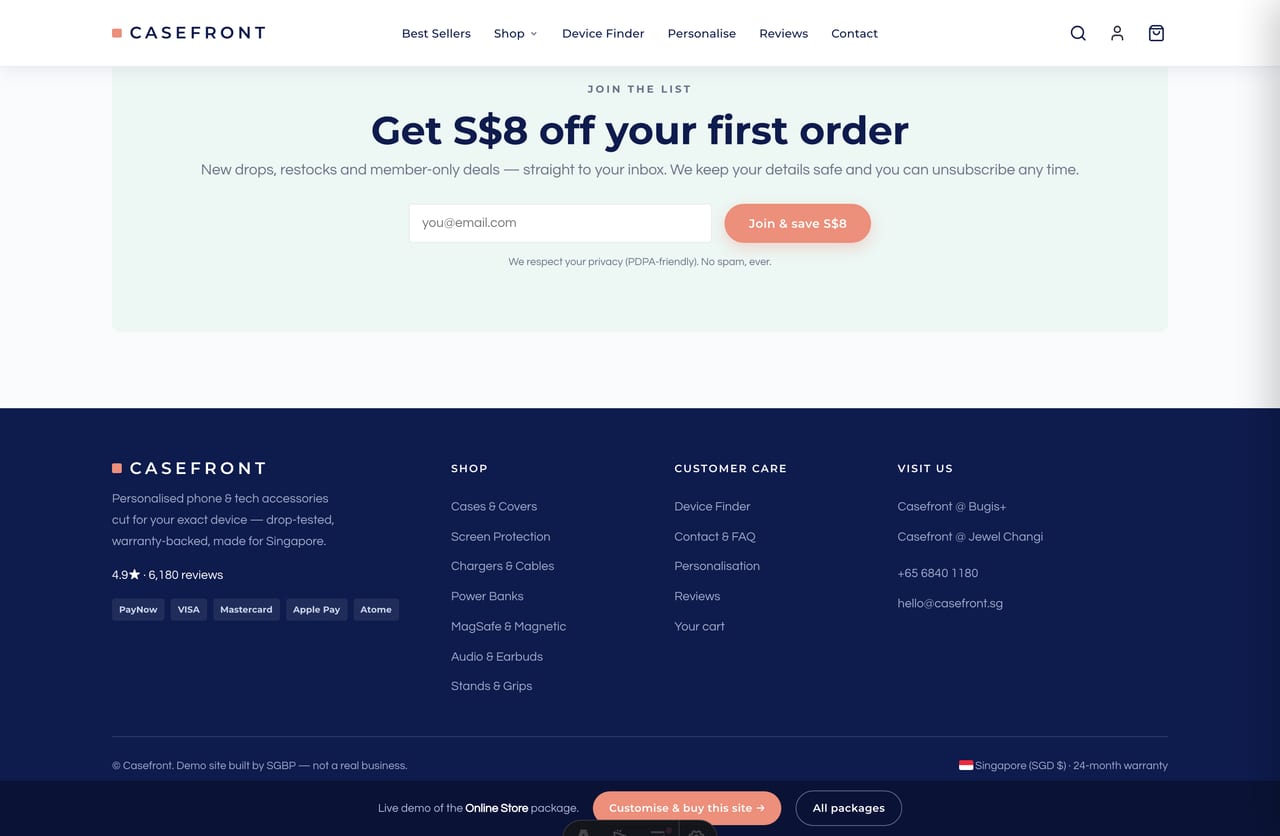 Kit-list newsletter signup with first-order discount on the Casefront accessories store