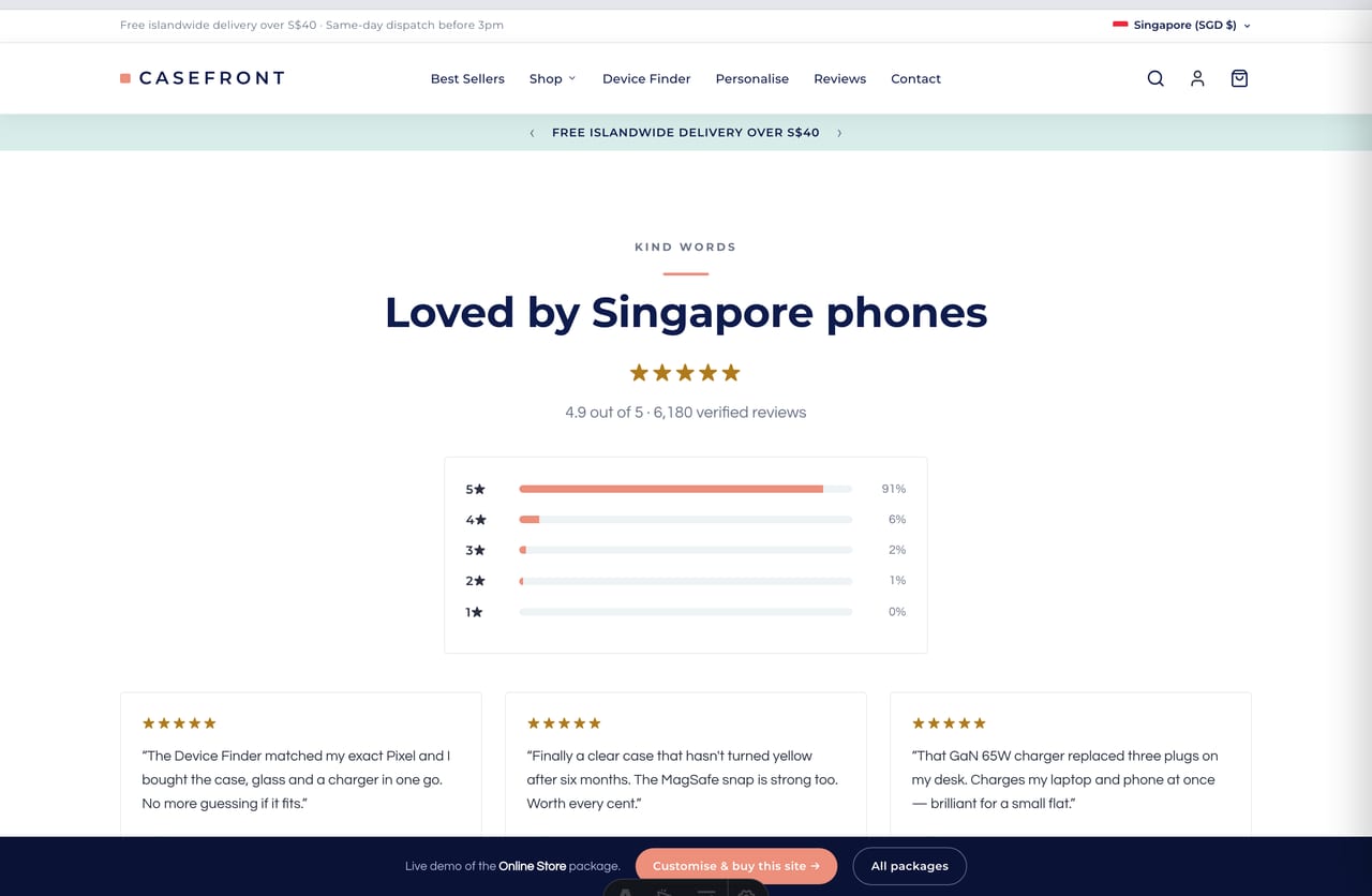 Singapore customer reviews and star ratings on the Casefront phone accessories website