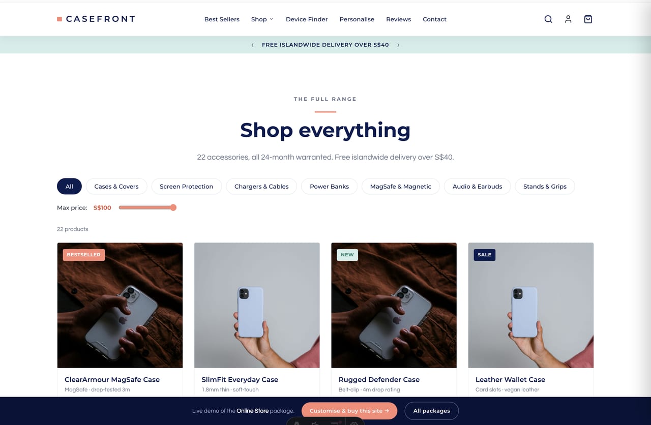 Phone accessories shop page with filterable product grid, quick-add and SGD pricing