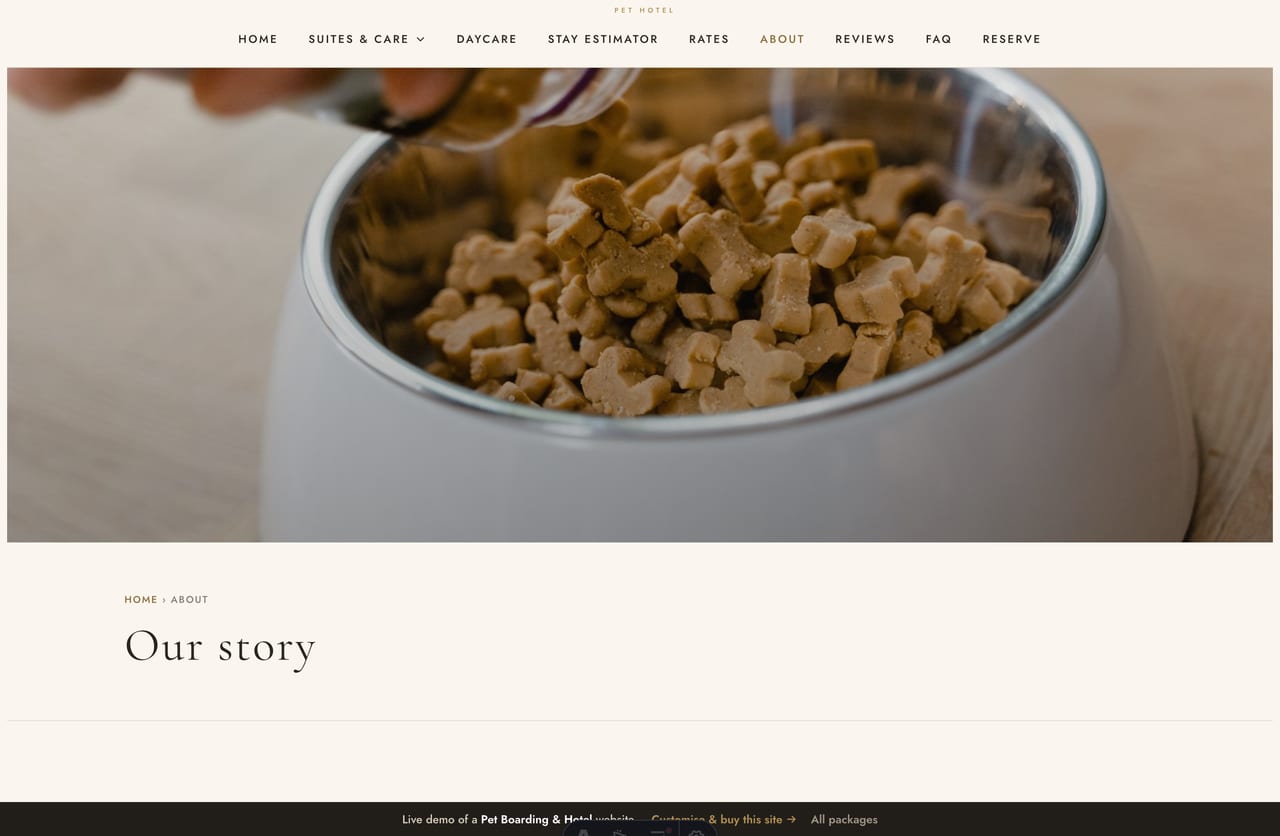 The About page for a Singapore pet hotel — founder story, a dark stats band and the hosts section