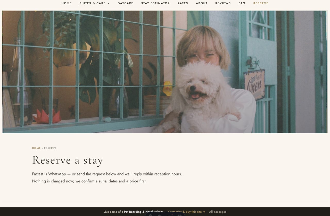 Reserve page on the Pawloft demo — a PDPA-aware reservation-request form with pet, suite, dates and a WhatsApp aside