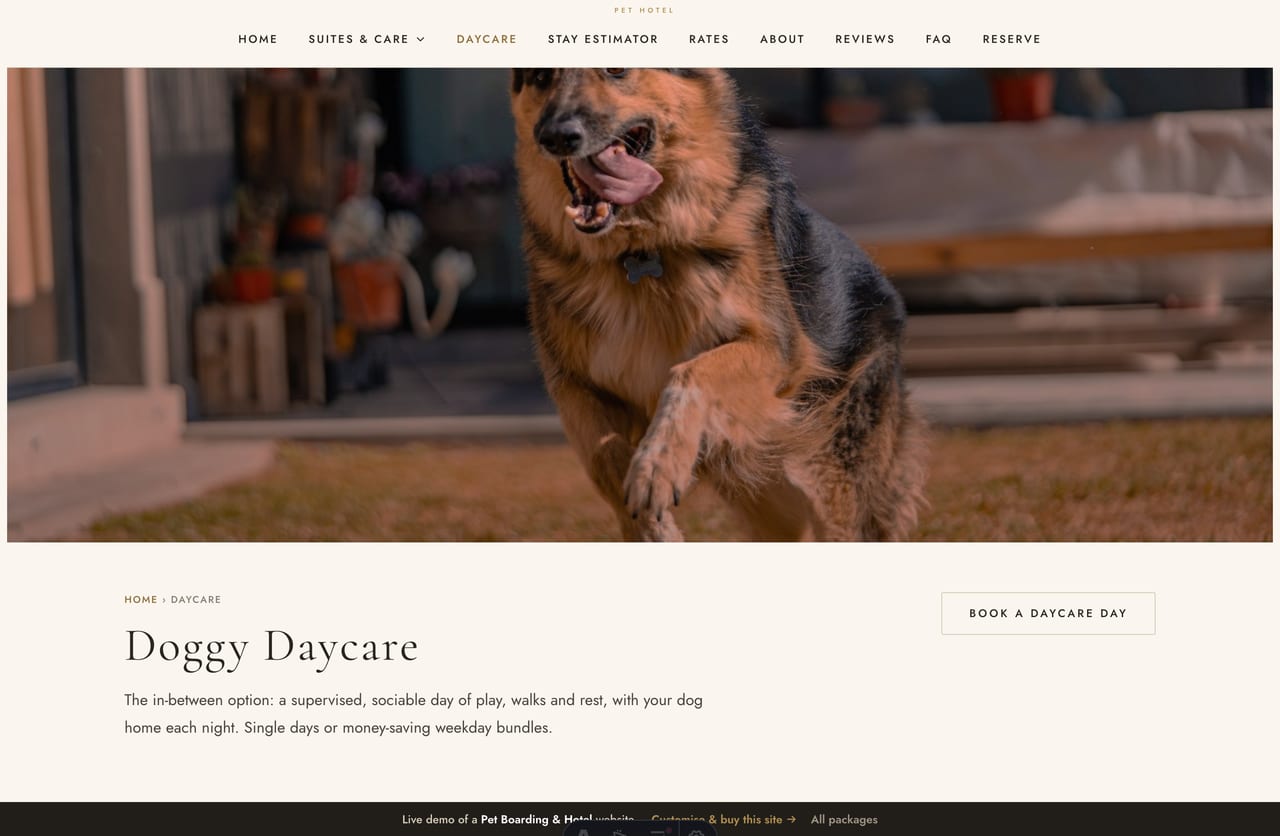 The daycare page on the Pawloft demo — a play-yard banner, a day-flow explainer and what-a-day-includes lists