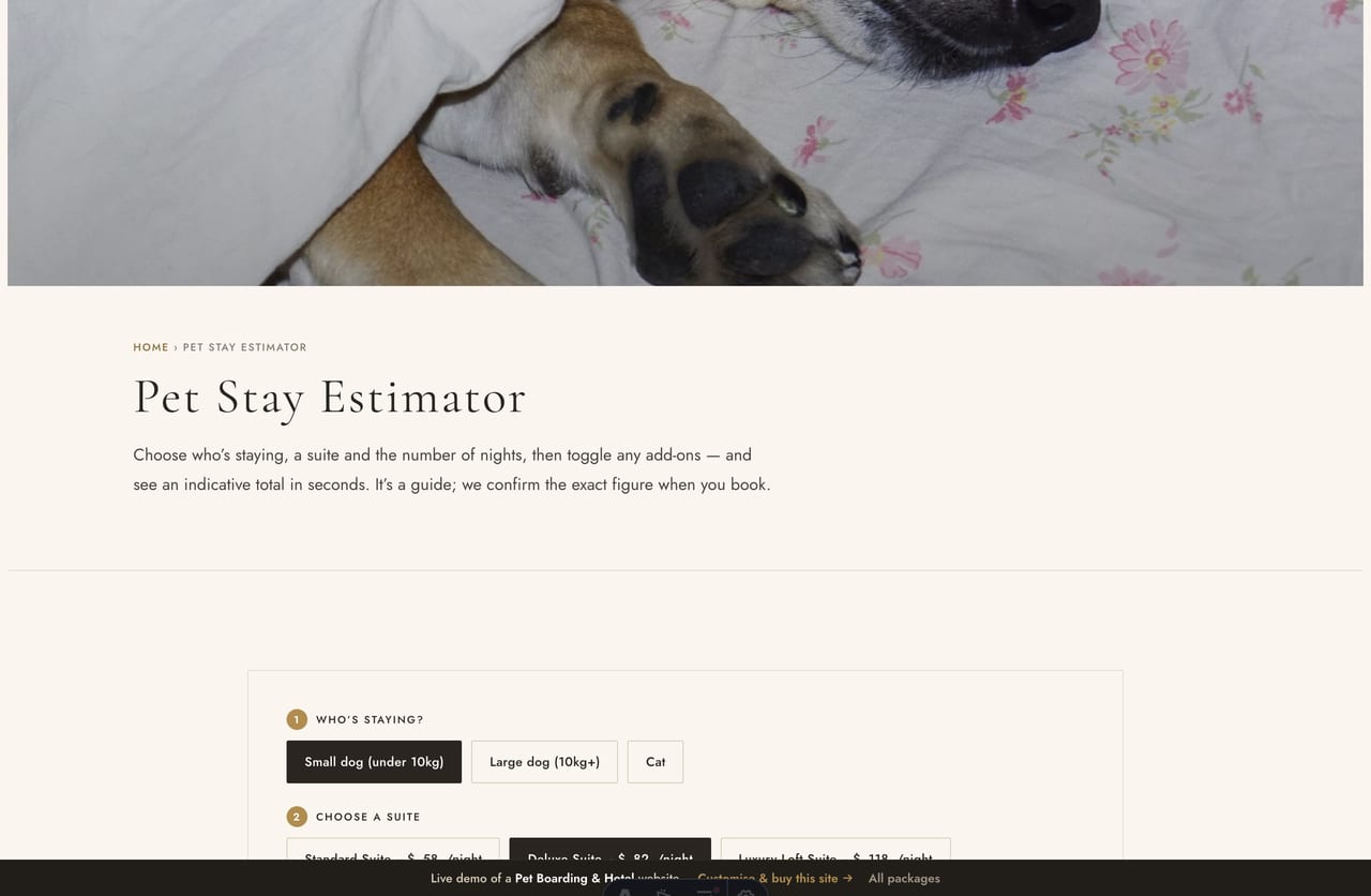 Pet Stay Estimator result on a Singapore pet-hotel site — an indicative total with a suite-and-add-on breakdown and a reserve CTA