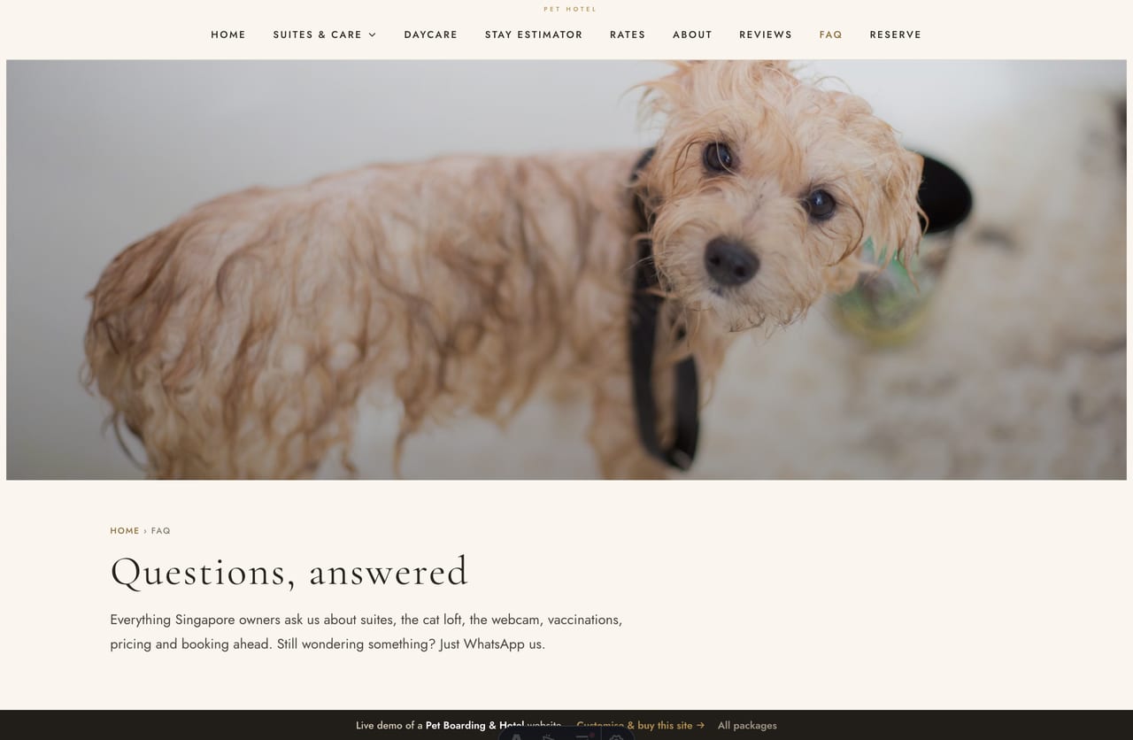 FAQ page on the Pawloft demo — a clean serif question accordion on cream paper