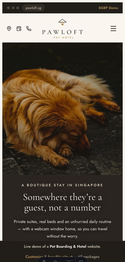 The Pawloft pet hotel website on mobile — the full-bleed hero and reserve CTA at 430px