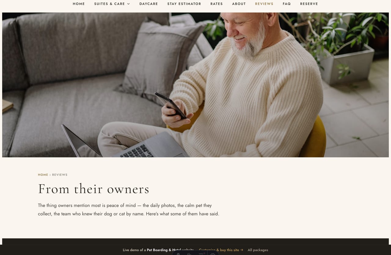 Reviews page on the Pawloft demo — large serif pull-quote owner testimonials with star ratings