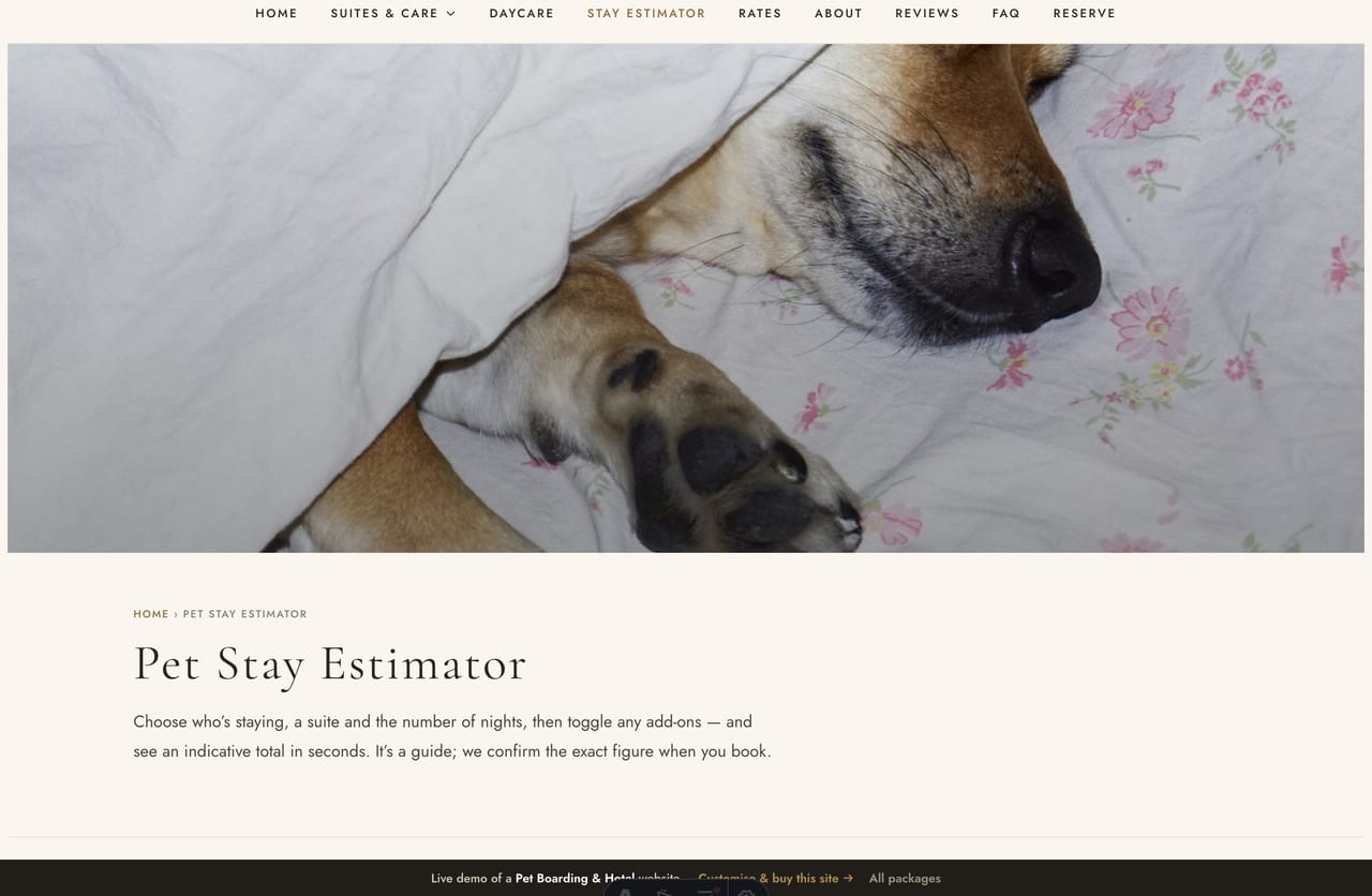 The interactive Pet Stay Estimator on the Pawloft demo — pick a pet, suite and nights and add extras to see an indicative stay total