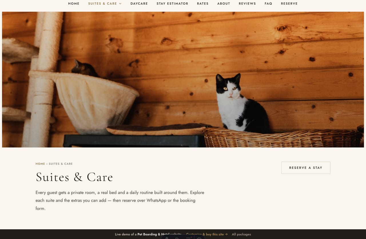 Suites page on the Pawloft demo — alternating image-and-text rows for each private suite, cat loft, daycare and add-on
