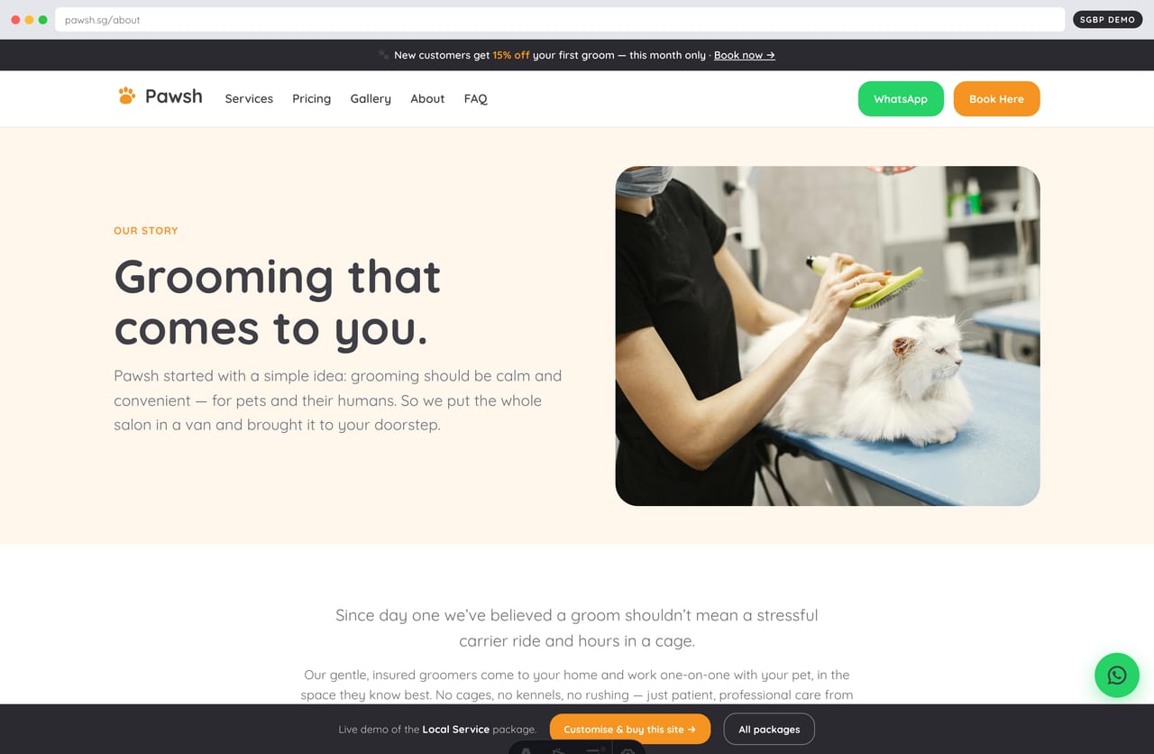 About and team page introducing insured groomers on a Singapore mobile grooming website