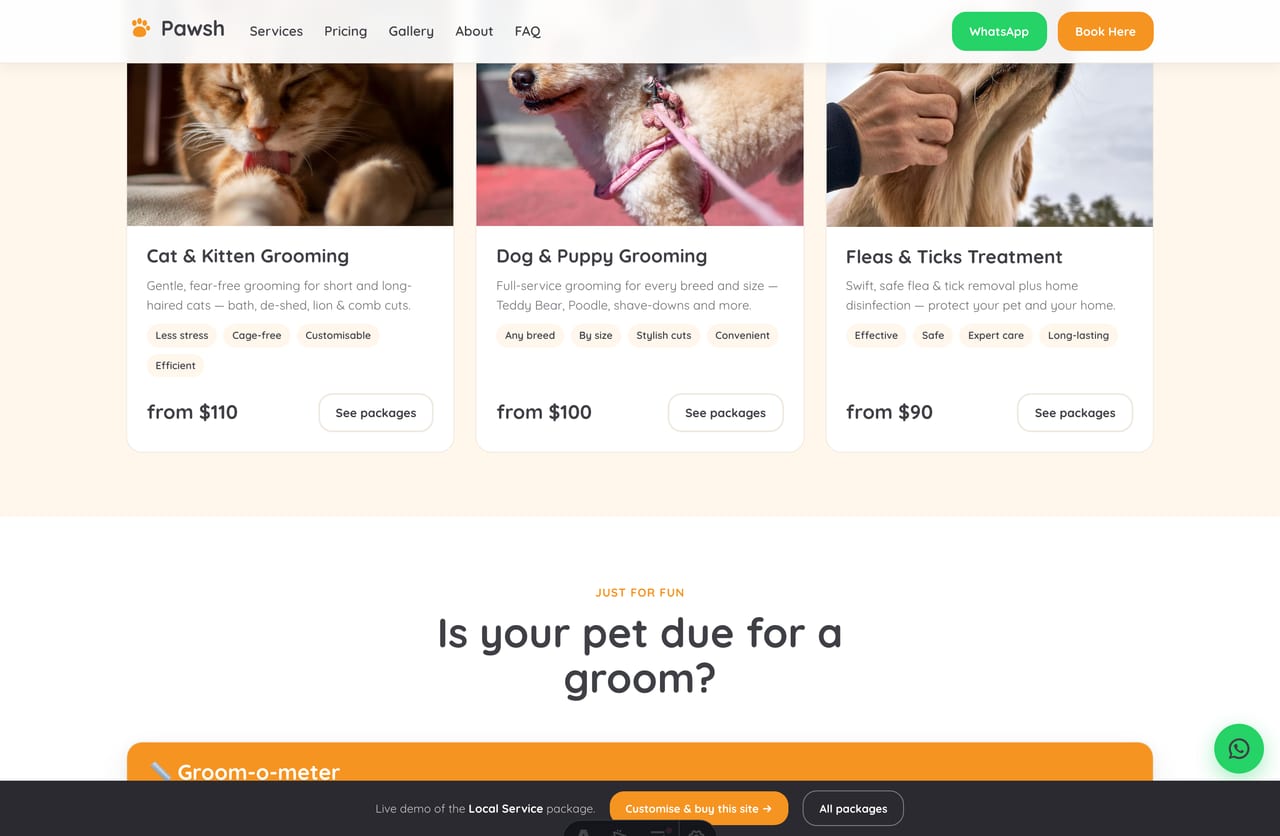 Islandwide service-area coverage and postcode checker on a Singapore mobile grooming website