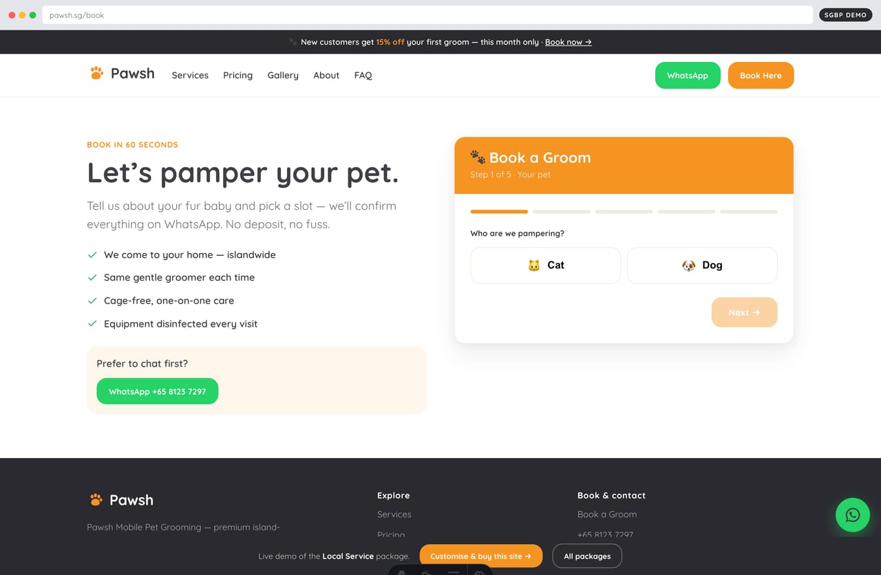 Multi-step online booking wizard that prefills a WhatsApp message on a Singapore service website