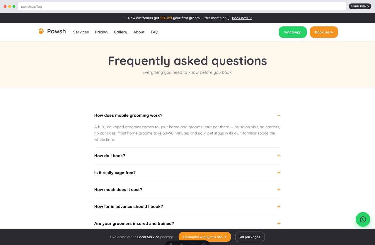 FAQ page answering booking, coverage and pricing questions on a Singapore service website